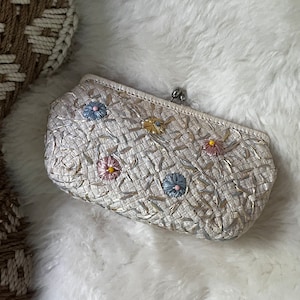 Vintage Walborg straw clutch, cream with flowers Made in Italy