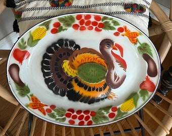 Vintage Metal Enamel Turkey Platter/tray Thanksgiving