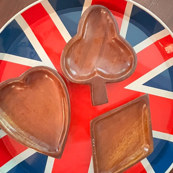 Vintage Wood Snack Bowls Set- Heart, Diamond & Club Card Suits