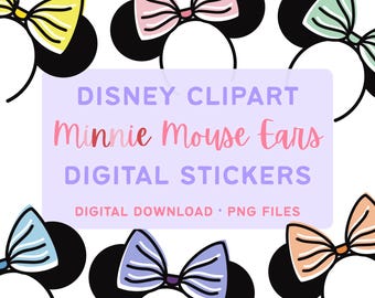 Minnie Mouse Ears Digital Stickers Pack | Colorful Modern Minnie Mouse Clip Art, Printable Disney Clipart PNG Bundle, Disneyland Download