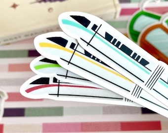 Set of 4 Disney Monorail Stickers — Blue, Yellow, Green, Red | Disney World and Disneyland Vinyl Stickers for Water Bottle, Scrapbook, Car