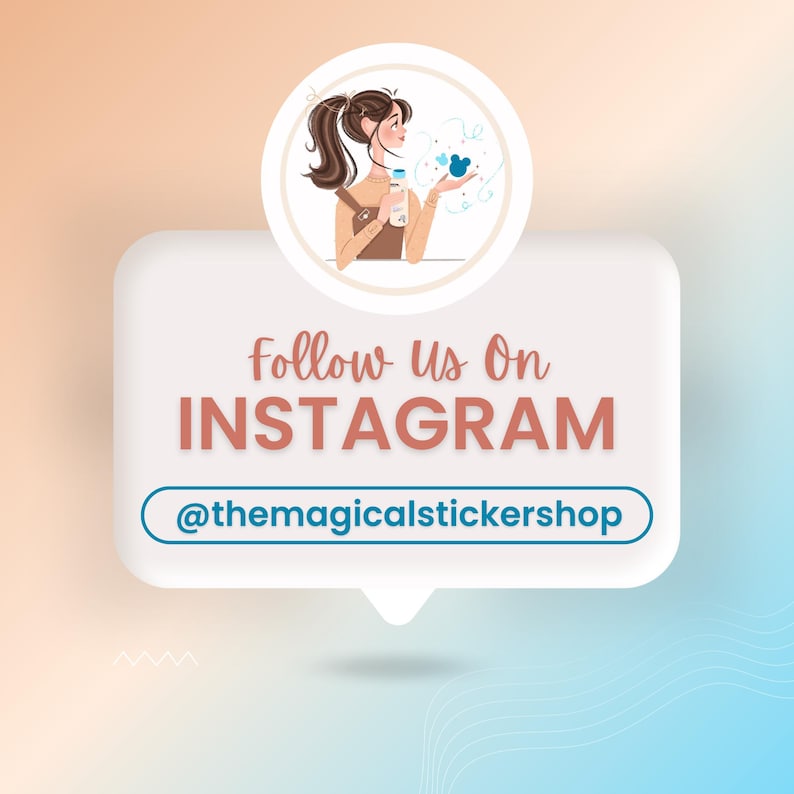 A graphic with the Disney stickers Etsy shop logo and its Instagram handle so people can see more Disney Hydro Flask stickers.