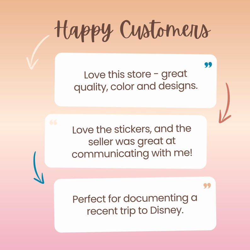 May include: Image with the text "Happy Customers" and customer testimonials. The testimonials praise the store's quality, color, designs, and communication. One testimonial mentions stickers and a trip to Disney.