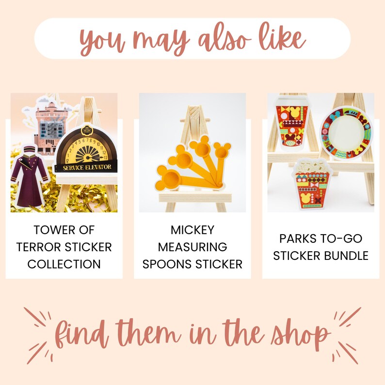 A selection of additional Disney stickers that shoppers may like, including Tower of Terror stickers, Mickey Mouse stickers, and Parks-inspired Walt Disney World stickers.