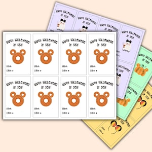 May include: A set of printable gift tags featuring the text Happy Halloween at sea! and a brown donut shaped like mouse ears. Each tag includes lines for From and Cabin #. The sheets are displayed in white, light purple, light green, and yellow.