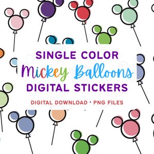 Puede incluir: Un patrón de globos coloridos con forma de Mickey Mouse sobre un fondo blanco. El texto dice: SINGLE COLOR Mickey Balloons DIGITAL STICKERS DIGITAL DOWNLOAD PNG FILES. Los globos son de tonos rosa, morado, rojo, verde y azul.