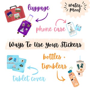 May include: An illustrated guide showing ways to use stickers. The image features a red suitcase and a purple rolling suitcase, a phone case, a tablet cover, and bottles and tumblers. Text includes "luggage", "phone case", "tablet cover", "bottles + tumblers", and "waterproof".