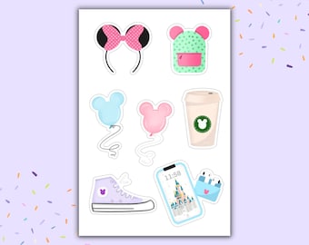 Magical Park Day Sticker Sheet | Disney Stickers — Colorful Mickey, Minnie, Disney World Designs for Bullet Journal, Planners, Water Bottle