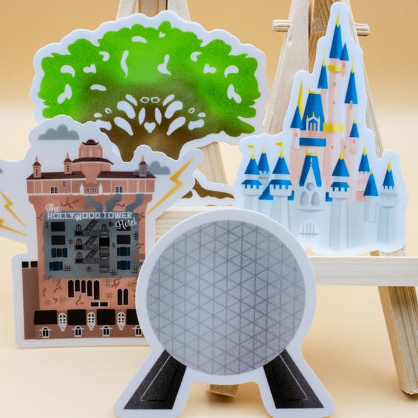 Pegatinas de Disney - Set de pegatinas con iconos de los parques de Disney World / Pegatinas impermeables del Castillo de Cenicienta, Epcot, la Torre del Terror y Animal Kingdom.