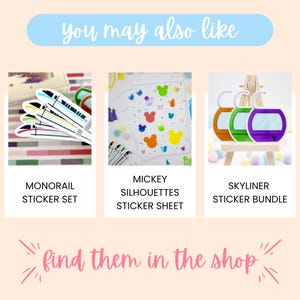 A selection of additional Disney stickers that shoppers may like, including Disney Monorail stickers, a sheet of Mickey Mouse stickers, and Disney Skyliner stickers.