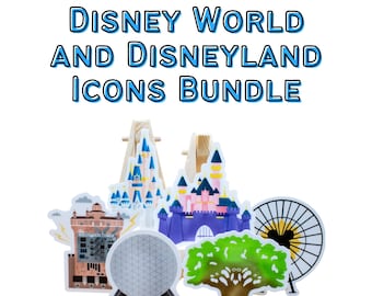 Disney World and Disneyland Park Icons Set of 6 | Disney Parks Landmarks Bundle for Luggage, Water Bottle, Travel Scrapbook Supplies, Crafts