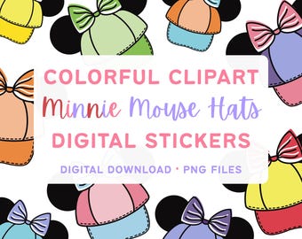Minnie Mouse Hats Digital Stickers Pack | Colorful Modern Minnie Mouse Clip Art, Printable Disney Clipart PNG Bundle, Disneyland Download