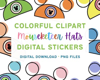 Mouseketeer Hats Digital Stickers Pack | Colorful Mickey Mouse Ear Hats Clip Art | Printable Disney Clipart PNG Bundle | Disneyland Download