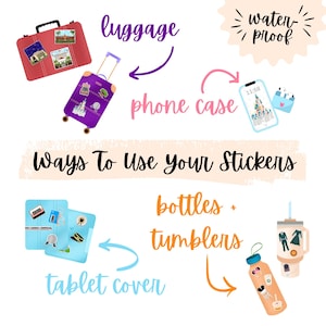 An illustrated graphic describing different ways to use the Etsy shop’s Disney stickers, such as using them as water bottle vinyl stickers or Kindle stickers.