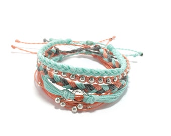 Salmon Mint Bracelet Bracelet Stack, Set of Five Adjustable Waterproof Multi-Strand, with Metal Beads,