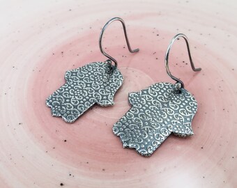 Silver Dangle Earrings, Minimalist Hamsa Earrings, Good Luck Amulet Earrings, Hand of Fatima Earrings, Spiritual Jewelry Gift for Girlfriend