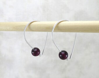 Red Garnet Threader Earrings • Minimalist Argentium Silver Earrings • Lightweight Gemstone Hoop Earrings • January Birthstone Earrings