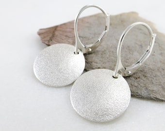 Minimalist Sterling Silver Disc Earrings with Lever Backs, Small Round Silver Dangle Earrings for Everyday Wear, Mother’s Day Gift for Wife