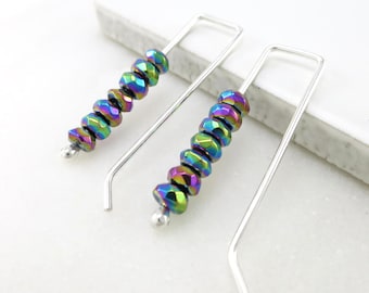 Rainbow Hematite Threader Earrings • Argentium Silver Earrings • Modern Minimalist Threaders • Handmade Earrings for Sensitive Ears