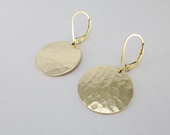 Hammered Gold Circle Earrings, Minimalist Statement Earrings for Everyday Wear, Modern 14K Gold Filled Earrings with Lever Back Ear Wires