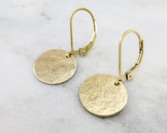 Small Gold Earrings for Pierced Ears, Bridesmaid Gift or Bridal Jewelry, Minimalist 14K Gold Filled Disc Earrings with Lever Back Ear Wires