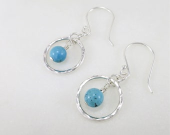 Hammered Silver Hoop Earrings, Genuine Turquoise Dangle Earrings, Boho Circle Earrings, December Birthstone Earrings, Gemstone Earrings