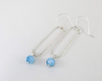 Chic Aquamarine Earrings, March Birthstone Earrings, Long Dangle Earrings, Modern Hammered Silver Earrings, Indie Style Jewelry Gift for Mom