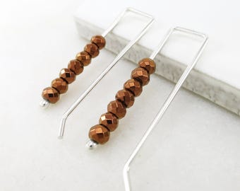 Copper Hematite Threader Earrings • Argentium Silver Square Threaders • Brown Gemstone Dangle Earrings • Minimalist Modern Boho Earrings