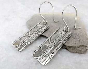 Midnight Birch Patterned Sterling Silver Earrings, Modern Dangle Rectangle Earrings, Free Shipping Canada, 25th Anniversary Gift for Wife