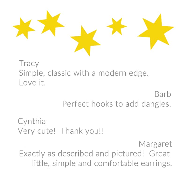 May include: White background with yellow starbursts. Text includes customer reviews: "Simple, classic with a modern edge. Love it." "Perfect hooks to add dangles." "Very cute! Thank you!!" "Exactly as described and pictured! Great little, simple and comfortable earrings."