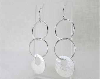 Handmade Geometric Hammered Silver Hoop Earrings with Round Charms, Long Dangle Earrings for Bridesmaid Gift Box, Free Shipping Canada
