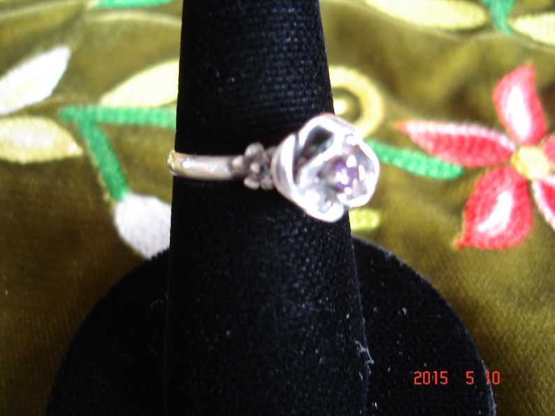 Modeled Rose ring with small amethyst 925 blackened Sterling silver image 2