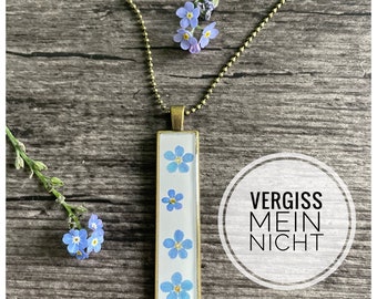 längliche Halskette | echte Vergissmeinnicht Blüten | Vintagelook | weiß