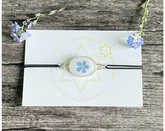 bracelet élastique | véritable fleur de myosotis | ovale | blanc | couleur argent | Idée cadeau qui vient du coeur