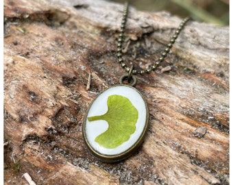 ginkgo necklace | Small Oval Pendant | white | bronze colored