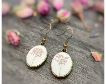 boucles d'oreilles romantiques | ovale | vraies fleurs sauvages | blanc | couleur bronze