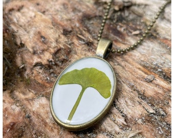 ginkgo necklace | oval pendant | white | bronze colored