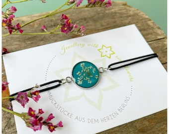Turquoise Elastic Bracelet | real wild carrot flowers | silver colored