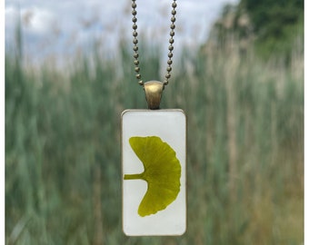 long ginkgo necklace | Square Pendant | white | bronze colored