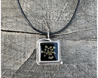 Square Pendant | real wild carrot blossoms | leather strap | black