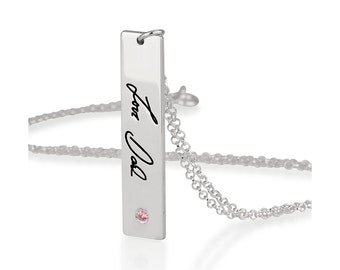 Custom Made Vertical Bar Necklace Actual Handwriting Jewelry - With your Personalized Signature and birthstone