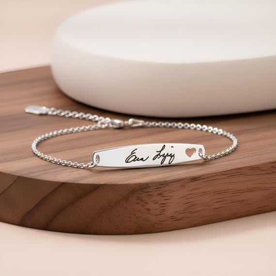 Sterling Silver Handwriting Bracelet: Personalized Signature Bar Bracelet