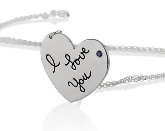 Custom Made Heart Necklace Actual Handwriting Jewelry - With your Personalized Signature and birthstone