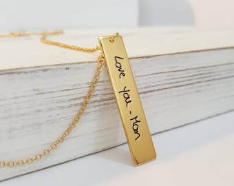 Solid 14K yellow gold handwriting bar necklace - Custom made actual handwriting jewelry - Gift for her