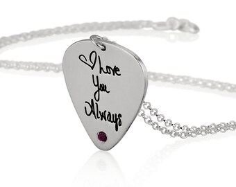Guitar Pick Necklace Actual Handwriting Jewelry - With your Personalized Signature and birthstone
