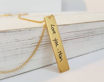 Personalized Bar Necklace - Gold Bar Necklace - Handwriting Jewelry - Silver or Rose Bar - Handwriting Necklace