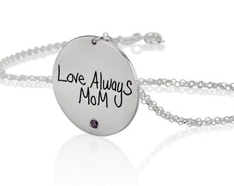 Disc Necklace Actual Handwriting Jewelry - With your Personalized Signature and birthstone