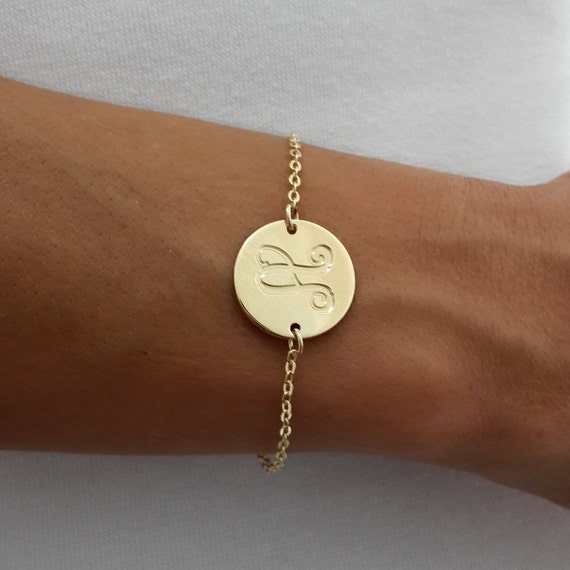 Items similar to Monogram Gold Disc Bracelet, 0.8 inch Gold Plated