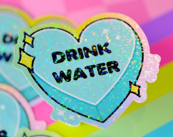 Drink Water, Hydrate Heart Holographic Sticker