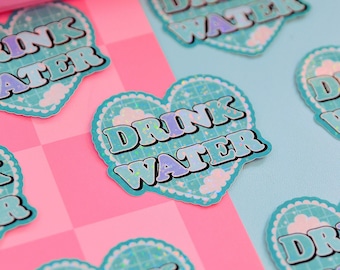 Drink Water Heart, Self Care Glitter Sticker